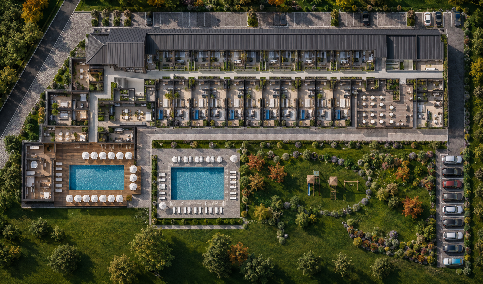 Luftaufnahme einer Apartmentanlage in Bansko